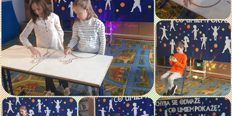 Powiększ grafikę: Dzieci prezentują swoje pokazy ( malowanie w mące, układanie kostki Rubika, piosenka,, pokaz magii, kabaret)
