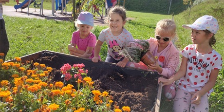 Powiększ grafikę: Dziewczynki przygotowują rabatki kwiatowe.