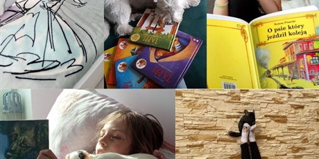 Powiększ grafikę: Kolaż zdjęć dzieci czytających ze swoimi zwierzakami. 