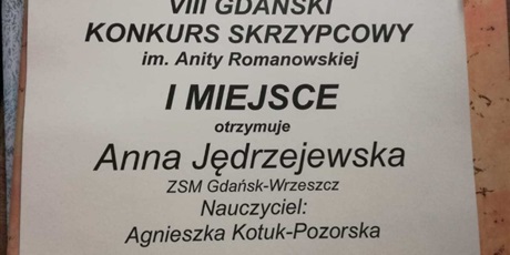 1 miejsce w VIII Gdańskim Konkursie Skrzypcowym im. Anity Romanowskiej