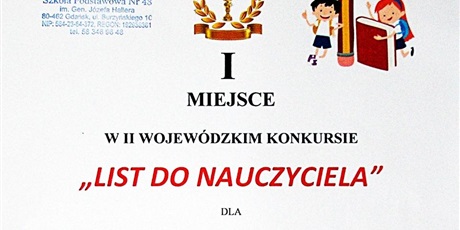 1 miejsce w wojewódzkim konkursie literackim pt. „LIST DO NAUCZYCIELA” zdobył Igor Jońca z klasy 3a.