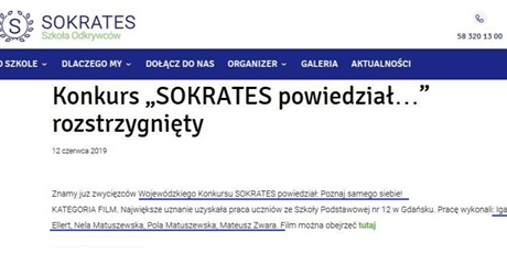 1 miejsce w Wojewódzkim Konkursie SOKRATES powiedział: Poznaj samego siebie! Kategoria: film.