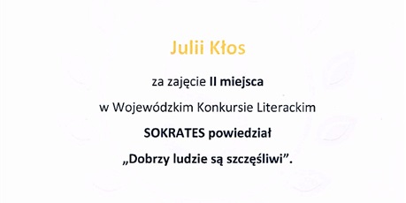 2 MIEJSCE zdobyła  Julia Kłos  w Wojewódzkim konkursie literackim…