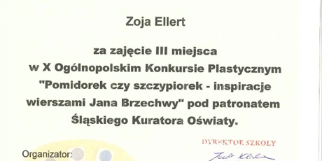 3 miejsce w Ogólnopolskim Konkursie Plastycznym "Pomidorek czy szczypiorek" zdobyła Zoja Ellert z klasy 1a.