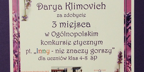 Daria Klimowicz zdobyła  3 miejsce w Ogólnopolskim konkursie etycznym