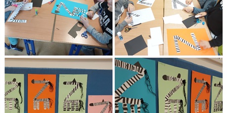 Powiększ grafikę: Dzieci wykonują pracę plastyczną "Zebra" z użyciem różnorodnych materiałów.