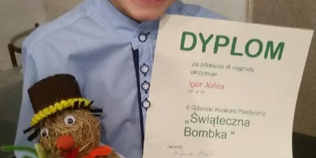 Igor Jońca z klasy 2a zdobył 3 miejsce w Gdańskim Konkursie Plastycznym pt.„Świąteczna Bombka”