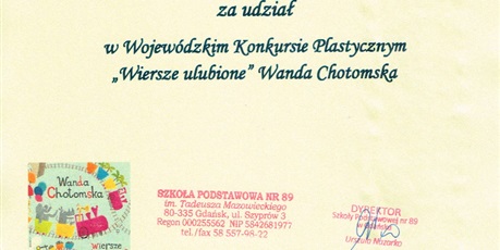 Maja Ligęza z klasy 2A zdobyła WYRÓŻNIENIE w Wojewódzkim Konkursie Plastycznym pt. „Wiersze ulubione” -Wanda Chotomska.
