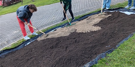 Powiększ grafikę: Uczniowie grabią ziemię. 