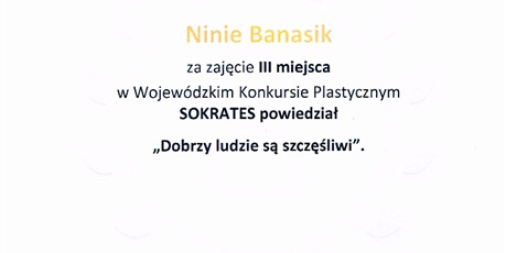 Powiększ grafikę: Dyplom  Niny Banasik - 3 miejsce w Wojewódzkim konkursie plastycznym.