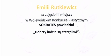 Powiększ grafikę: Dyplom  Emilii Rutkiewicz - 3 miejsce w Wojewódzkim konkursie plastycznym.