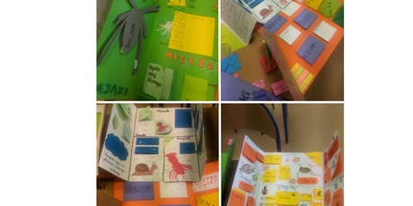 Powiększ grafikę: Kolaż zdjęć ukazujący kolorowe lapbboki wykonane przez uczniów w ramach powtórzenia wiadomości. 