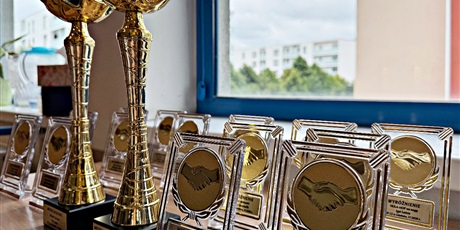 Powiększ grafikę: Grawerowane statuetki i puchary dla zwycięzców konkursu sportowego.