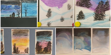 Powiększ grafikę: Zdjęcie 2 przedstawia kolaż prac wykonanych pastelami przedstawiających zimowe pejzaże.