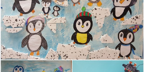 Powiększ grafikę: Zdjęcie 3 przedstawia kolaż prac - pingwiny malowane kredkami, wycięte i naklejone na duży arkusz papieru, naklejone kawałki styropianu imitują lodowiec.
