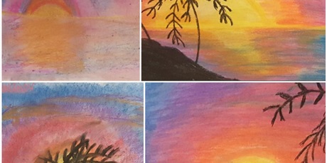 Powiększ grafikę: Zdjęcie przedstawia kolaż prac wykonanych suchymi i olejnymi pastelami przedstawiający tropikalną wyspę z palmą na tle zachodzącego słońca