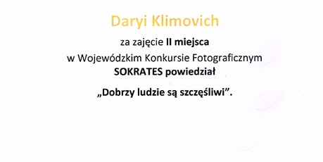 2 MIEJSCE zdobyła Darya Klimovich  w Wojewódzkim konkursie „Sokrates powiedział…