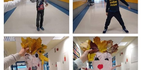 Powiększ grafikę: Prezentacja 4 zdjęć połączonych w kolaż, przedstawiająca uczniów w formie animacji, powstałej z połączenia autoportretów wykonanych z suszonych liści i zdjęcia dziecka na tle szkolnego korytarza.